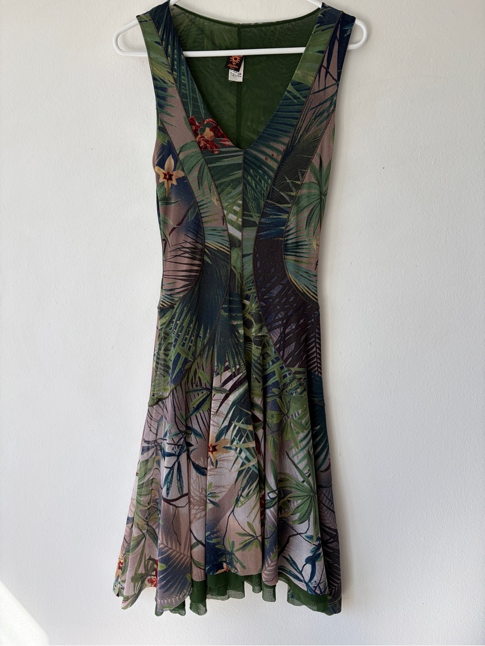 Vintage Jean Paul Gaultier SS 2009 Tropical Palm Mesh V Neck Midi Dress Green
